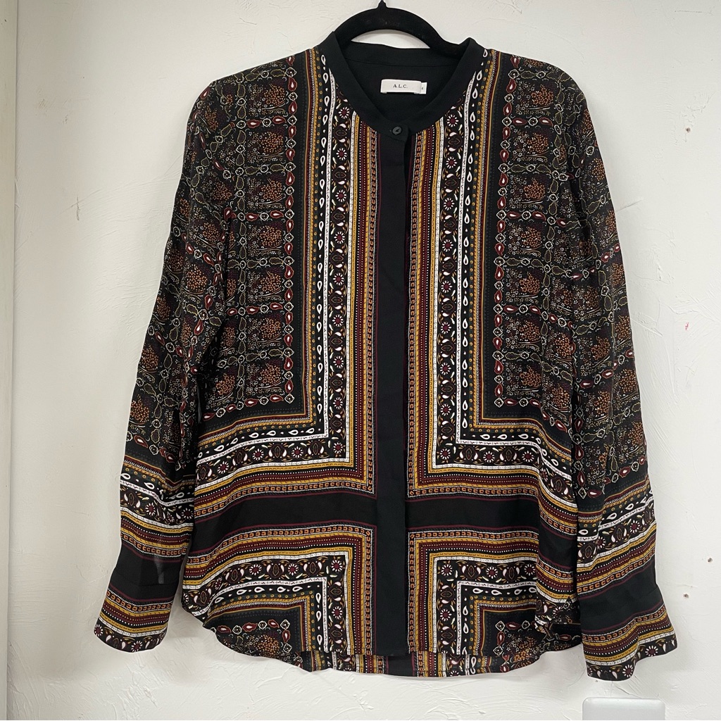 Alc Black Yellow & Red Silk Franco Button Down Shirt Top Womens 6